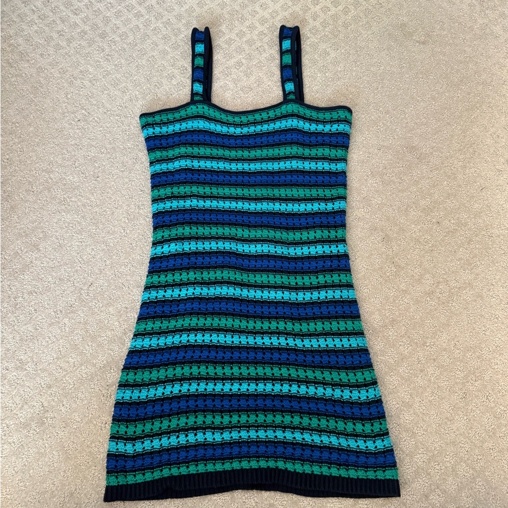 GAP Crochet Blue and Green Striped Mini Dress Preppy Bohemian Indie Bodycon - Picture 4 of 8